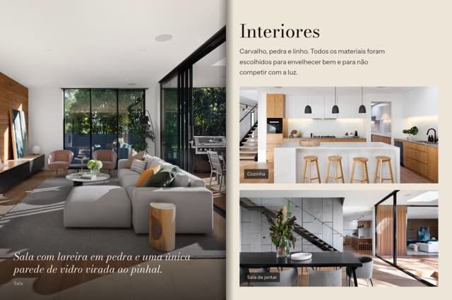 Duas páginas de um ImoBook: uma sala a toda a página e uma grelha de fotografias com texto